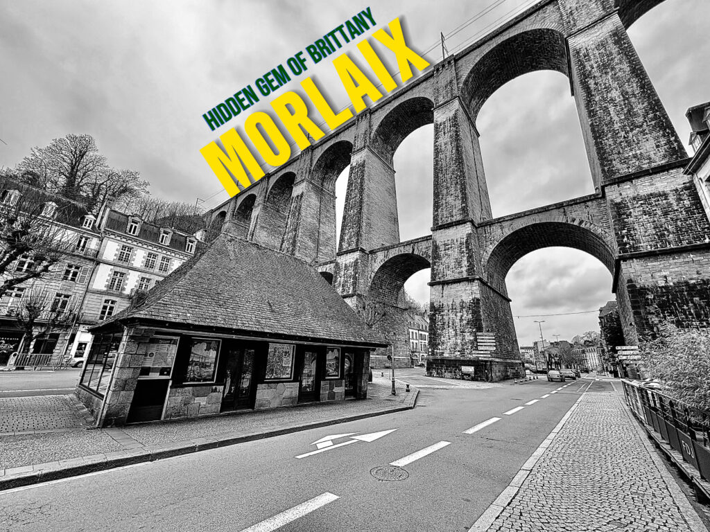 Hidden gem in Morlaix with cobblestone streets and old buildings.