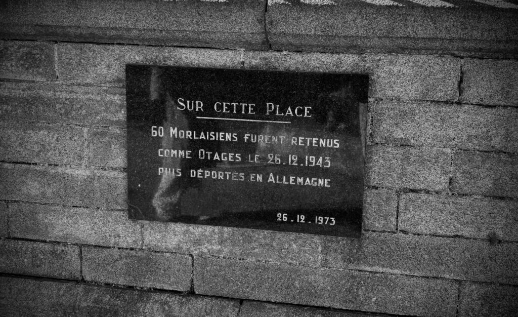 Memorial plaque for 60 hostages Place des Otages Morlaix.